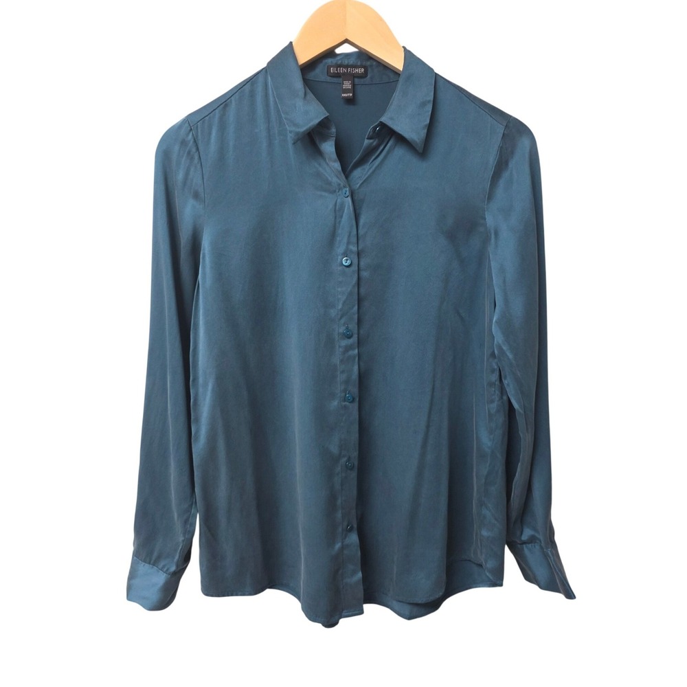 Eileen Fisher Button Up Womens XXS Teal Blue Silk Long Sleeve Minimalist Blouse